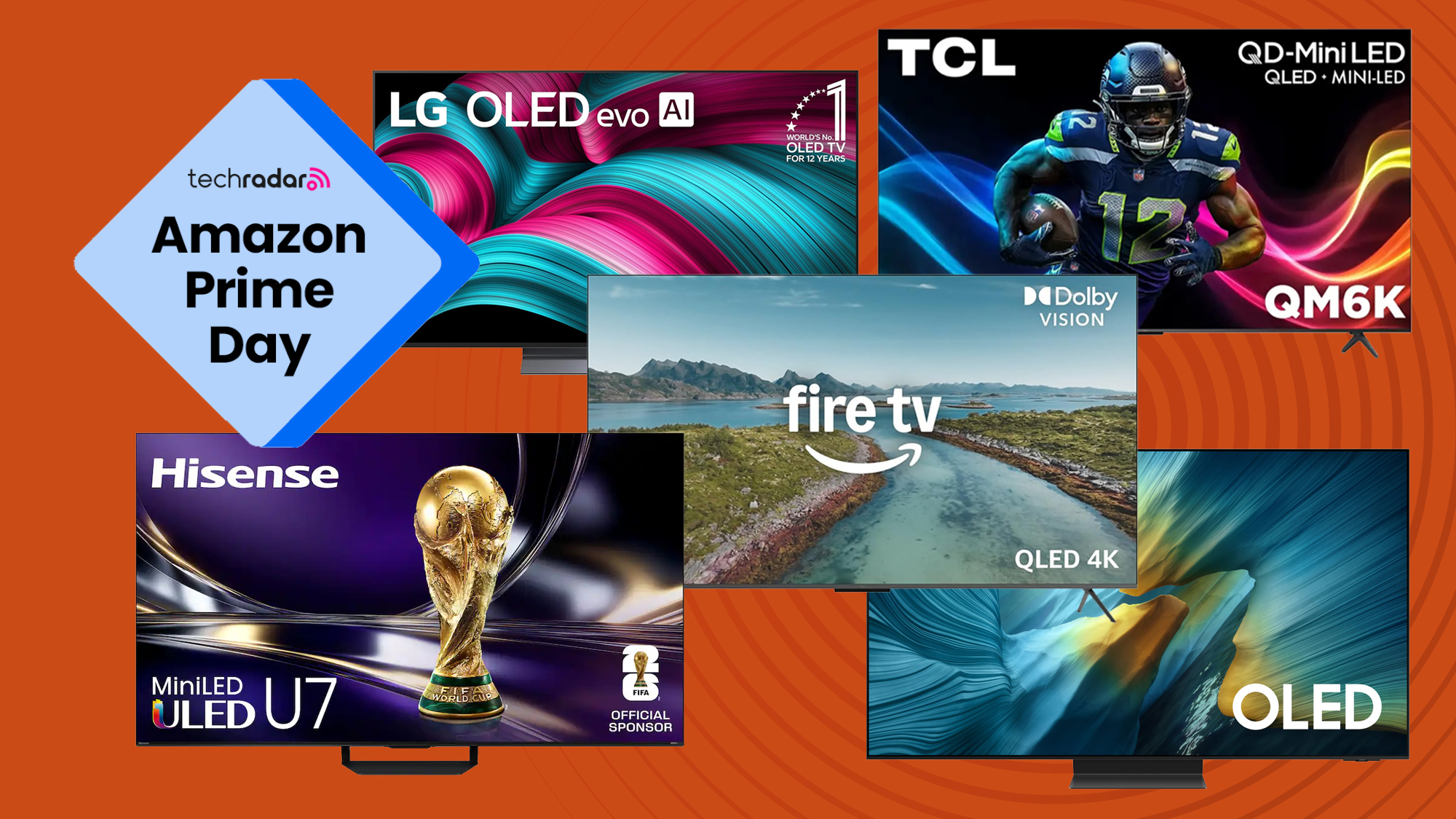 Five TVs from major brands float near a sign saying Amazon Prime Day