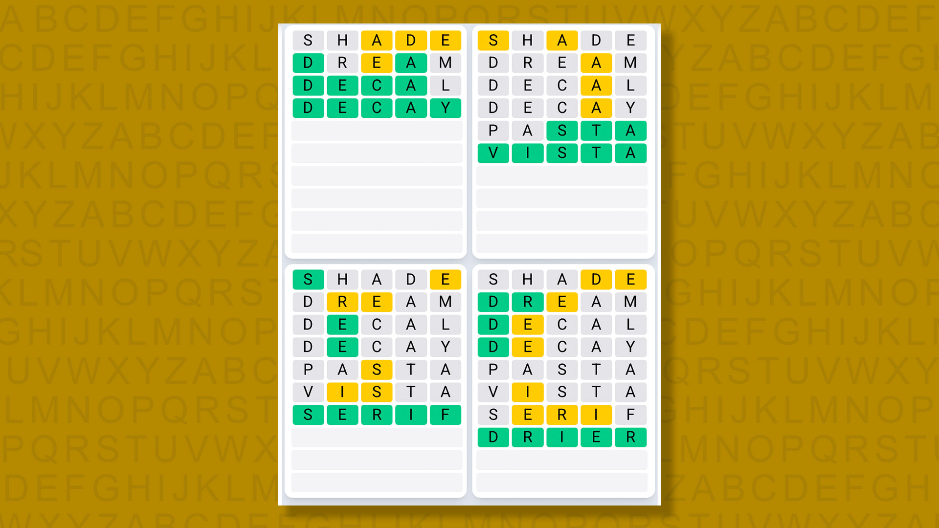 Quordle Daily Sequence answers for game 1582 on a yellow background