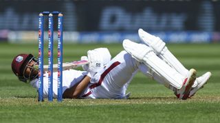  Shai Hope of the West Indies loses his footing during day one of the second Test match in the series between New Zealand and West Indies at Cello Basin Reserve on December 10, 2025 in Wellington, New Zealand. 