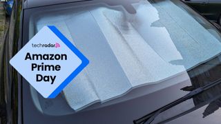 Picture of a car's windscreen with a reflective sun shade and an Amazon Prime Day text overlay