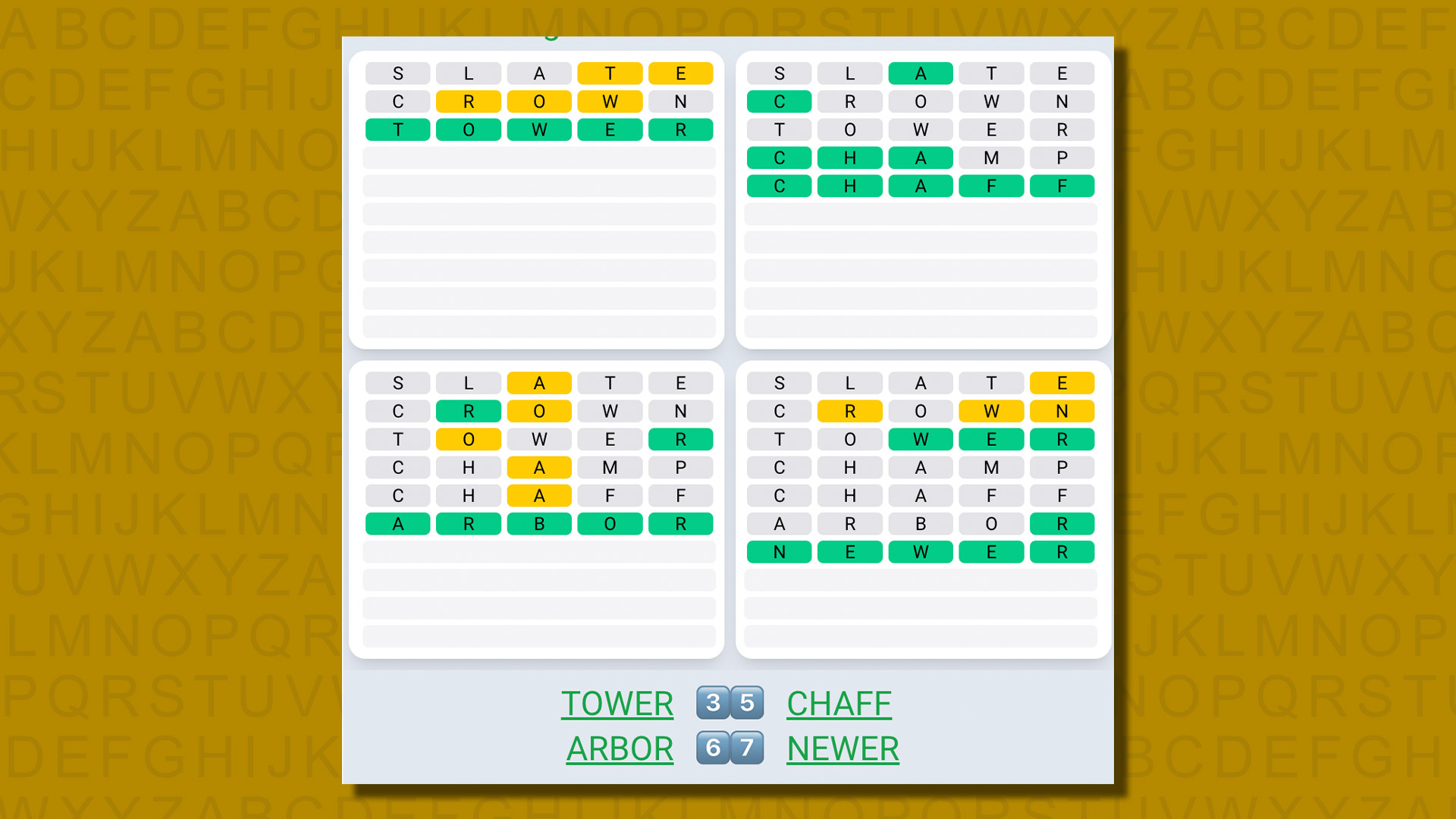 Quordle daily sequence answers for game 585 on a yellow background