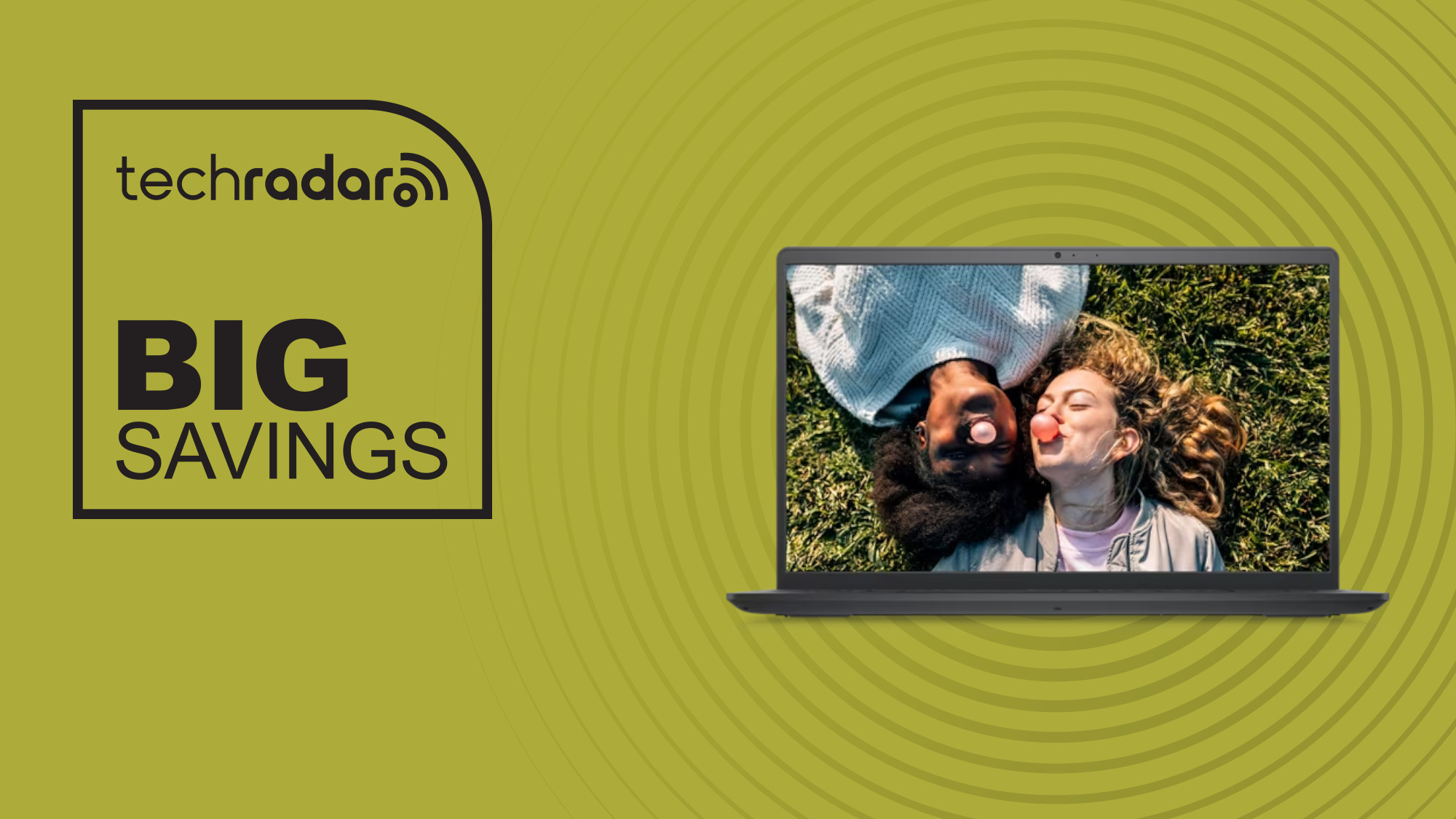 Dell Inspiron 15 on green background with big savings text overlay