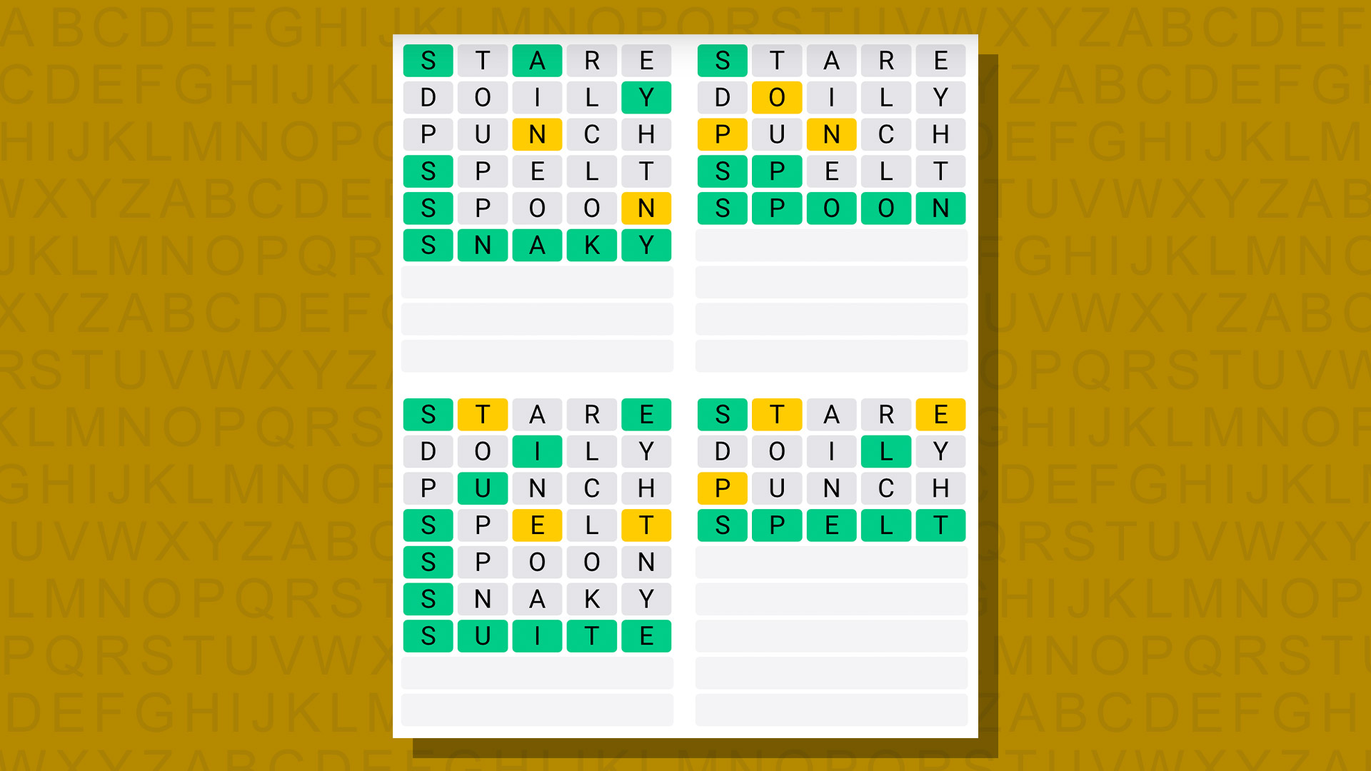 Quordle answers for game 682 on a yellow background