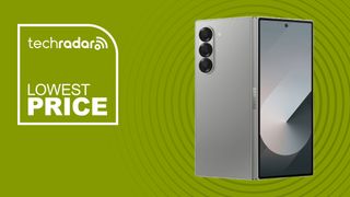 Samsung Galaxy Z Fold 6 on a green background. Text reads: Lowest Price