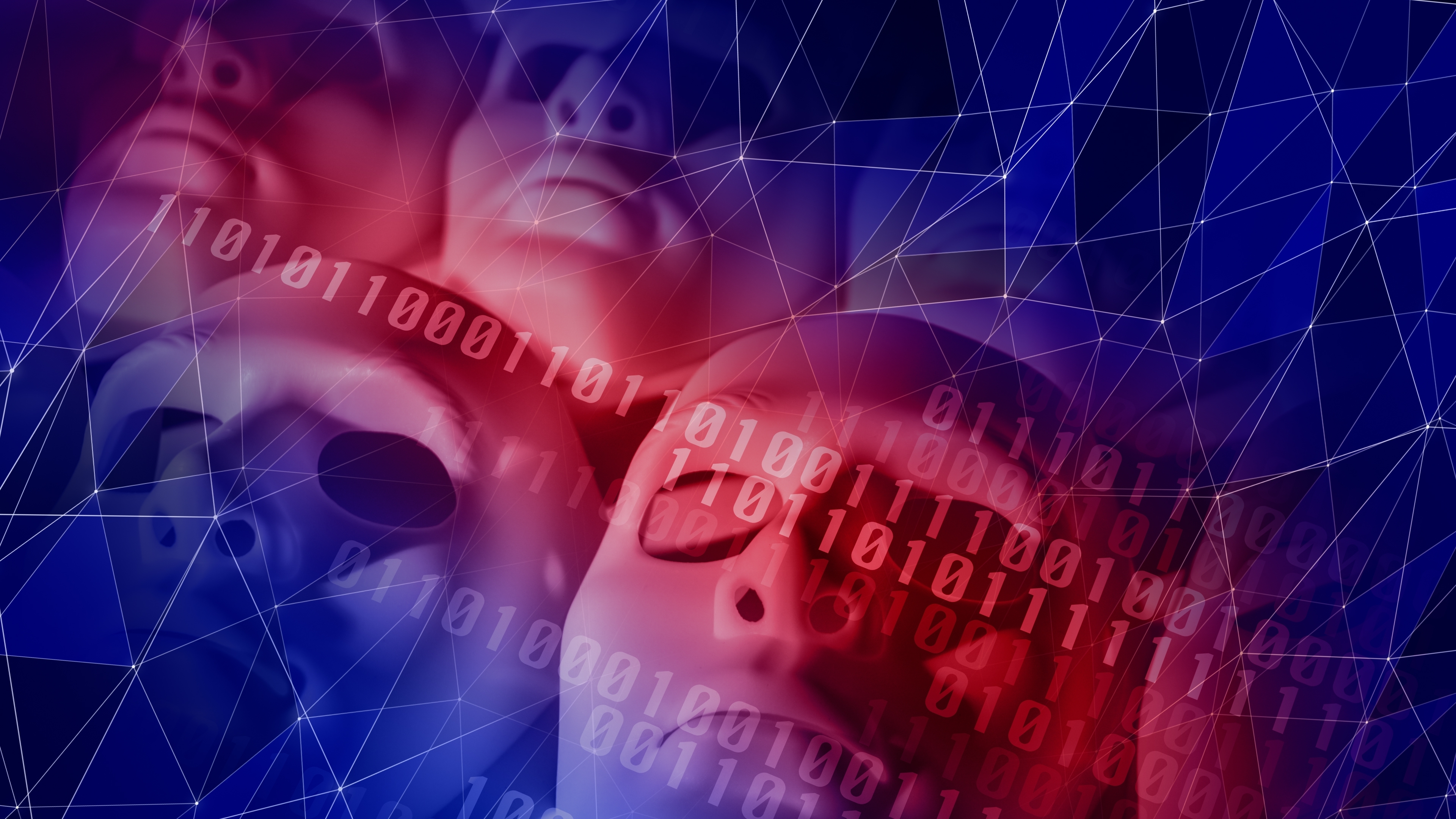 An image depicting machine learning, AI, and connected robots behind binary code depicting technologies impact on job displacement, insecurity, and fear