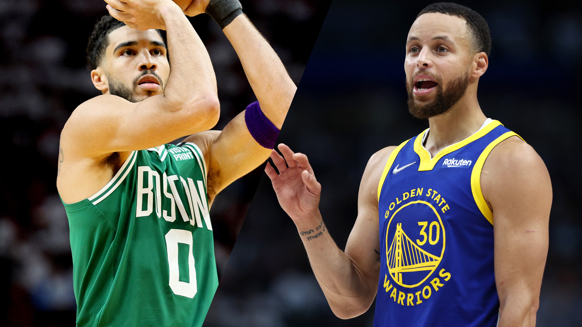 Composite image of NBA basketball players Jayson Tatum of the Boston Celtics &amp;amp; Steph Curry of the Golden State Warriors