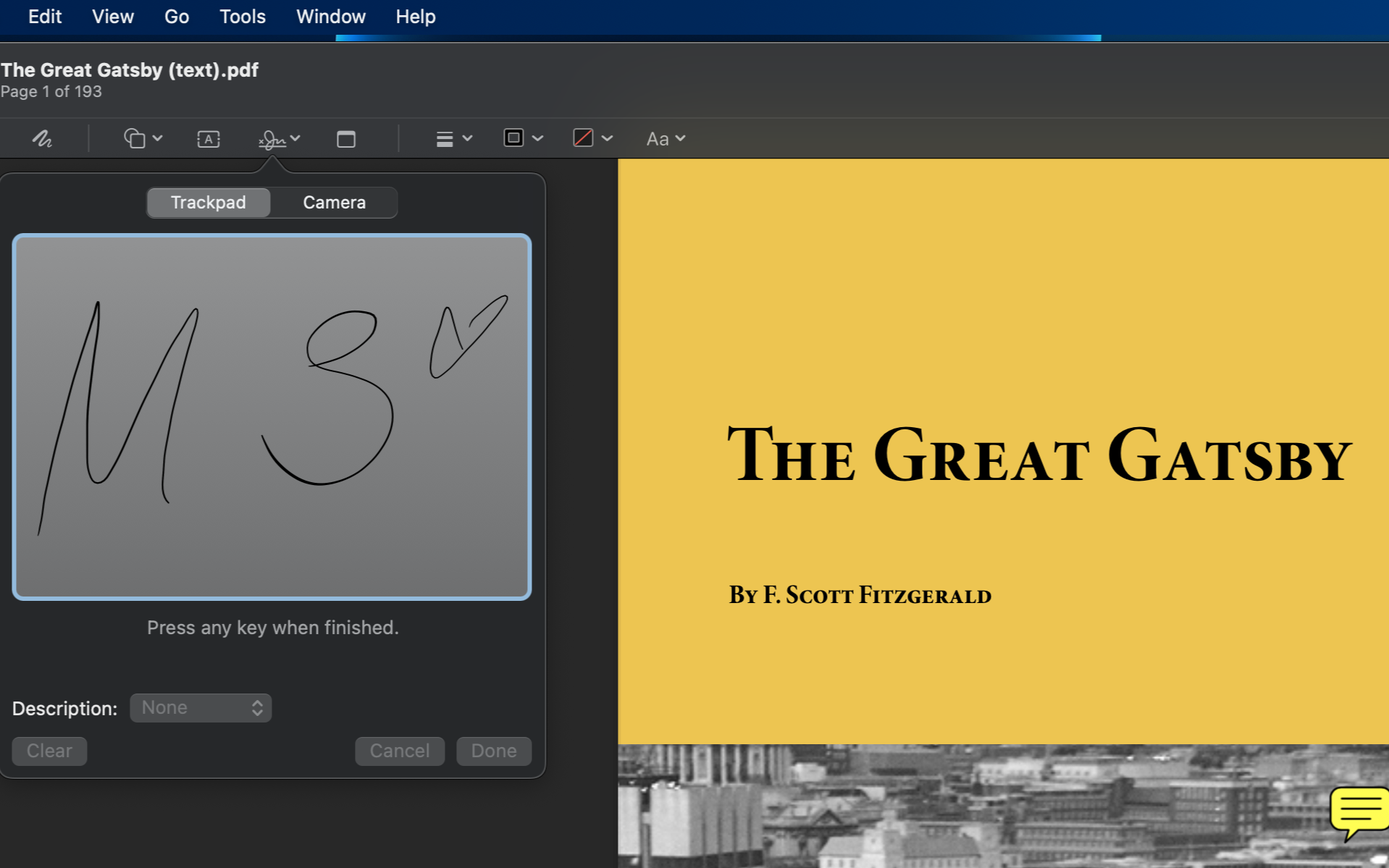 Screenshot of signing using trackpad