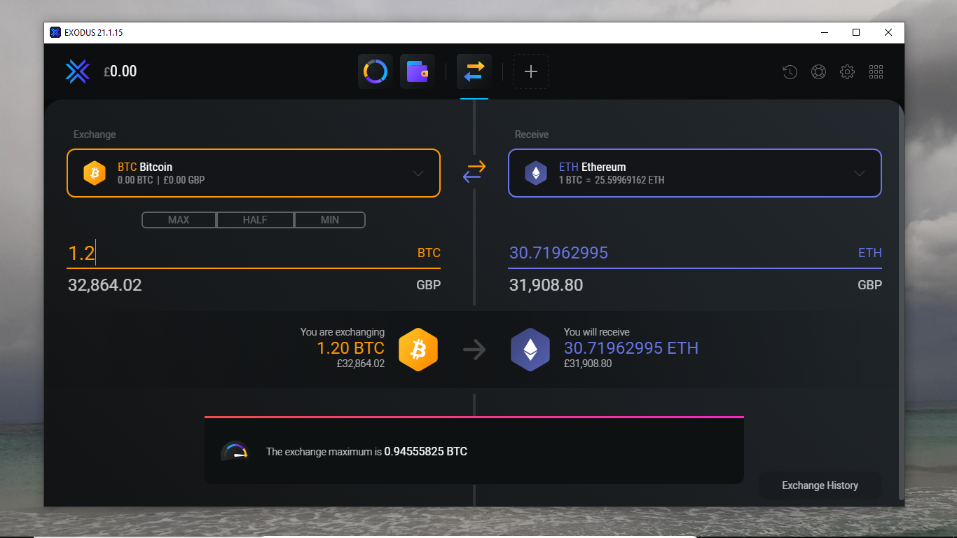screenshot of Exodus Cryptocurrency wallet