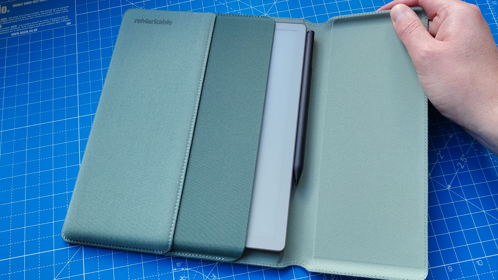 A reMarkable Paper Pure against a blue grid mat during our review process