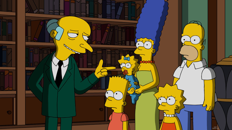 The Simpson family looking on as Mr. Burns gives them a lecture.