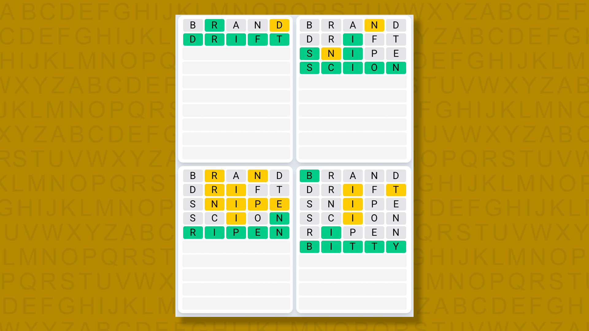 Quordle Daily Sequence answers for game 1409 on a yellow background