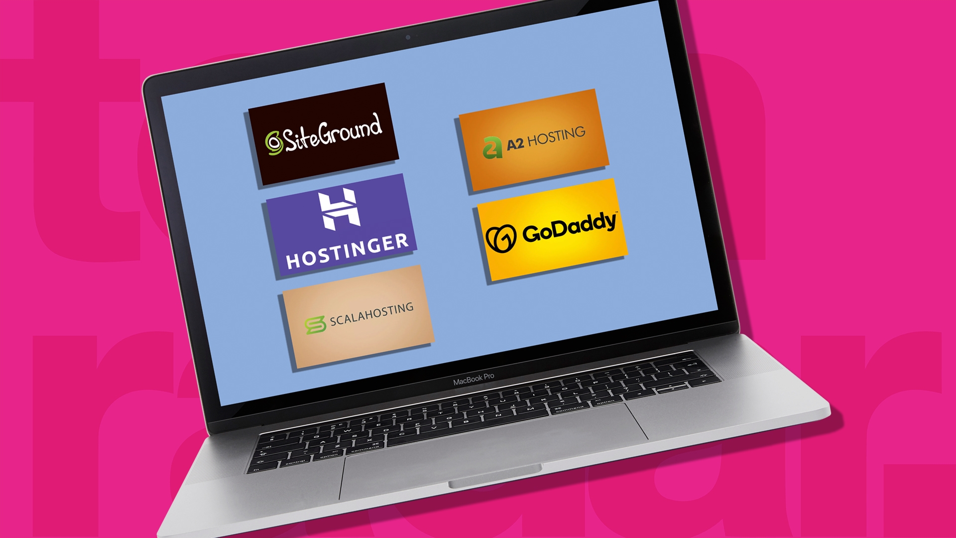 BEst UK web hosting services: Siteground, Hostinger, Scalahosting, A2 hosting and GoDaddy logo on a laptop screen