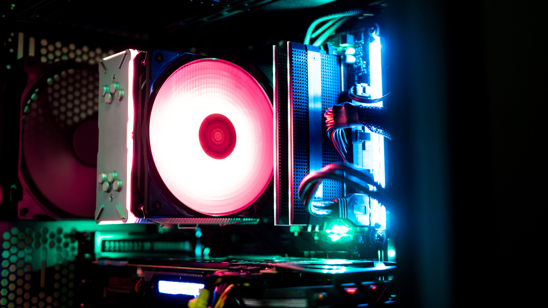 The inside of a PC case showing the CPU cooler and memory