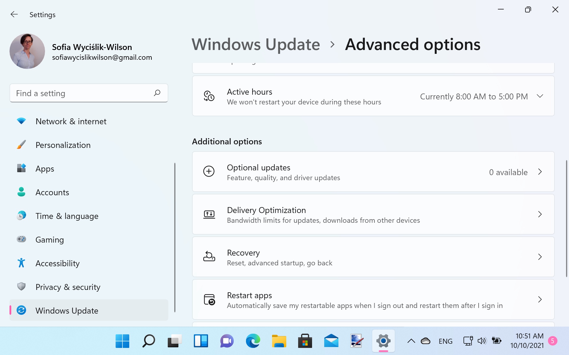 Windows 11 screenshot showing advanced options for Windows Update