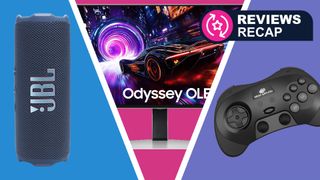 JBL Flip 7, Samsung Odyssey OLED G81SF, and Retro-Bit Sega Saturn Wireless Pro Controller on blue, pink, and purple background, with Reviews Recap written in top-right corner