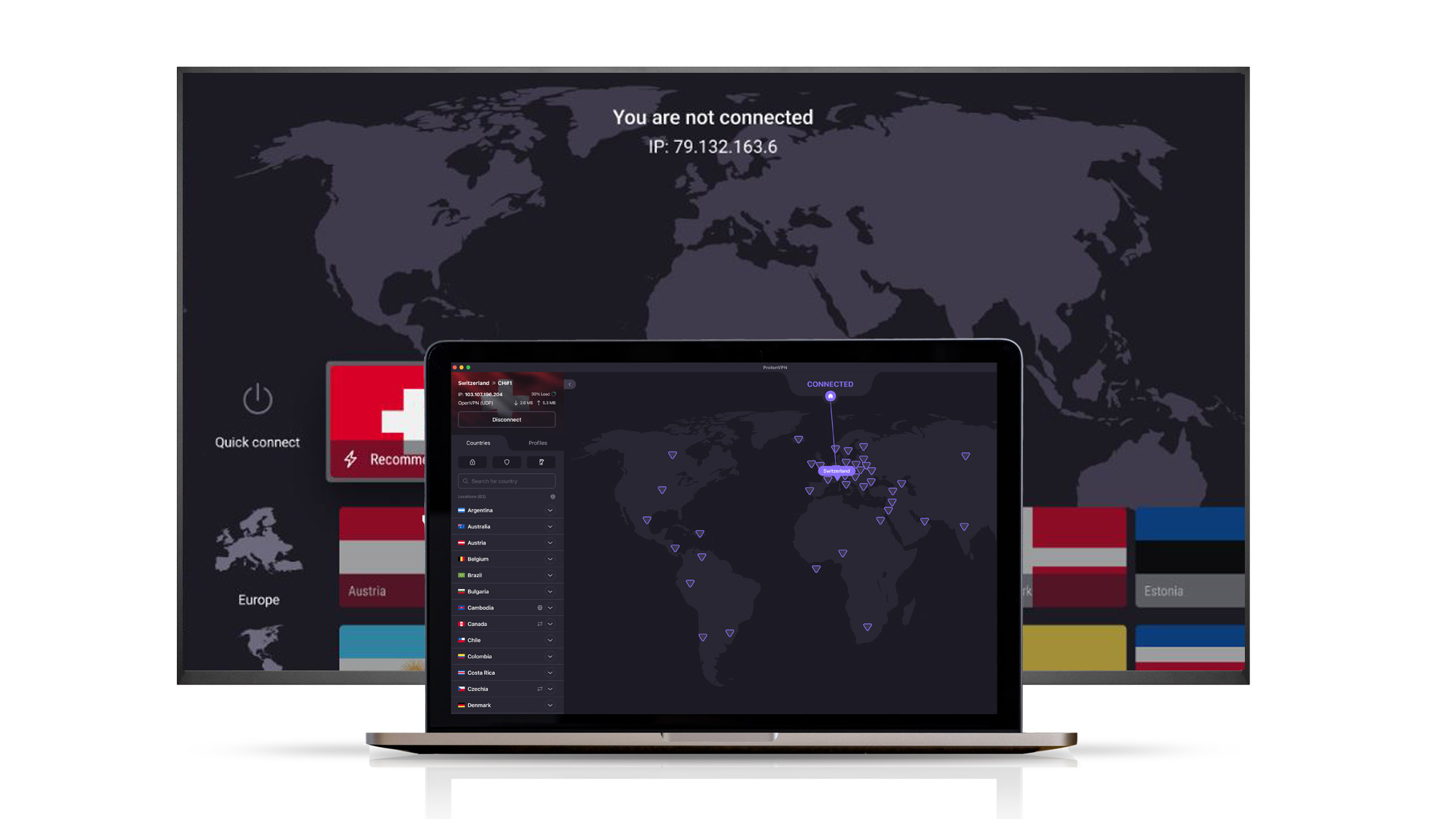 Proton VPN interface on TV and desktop