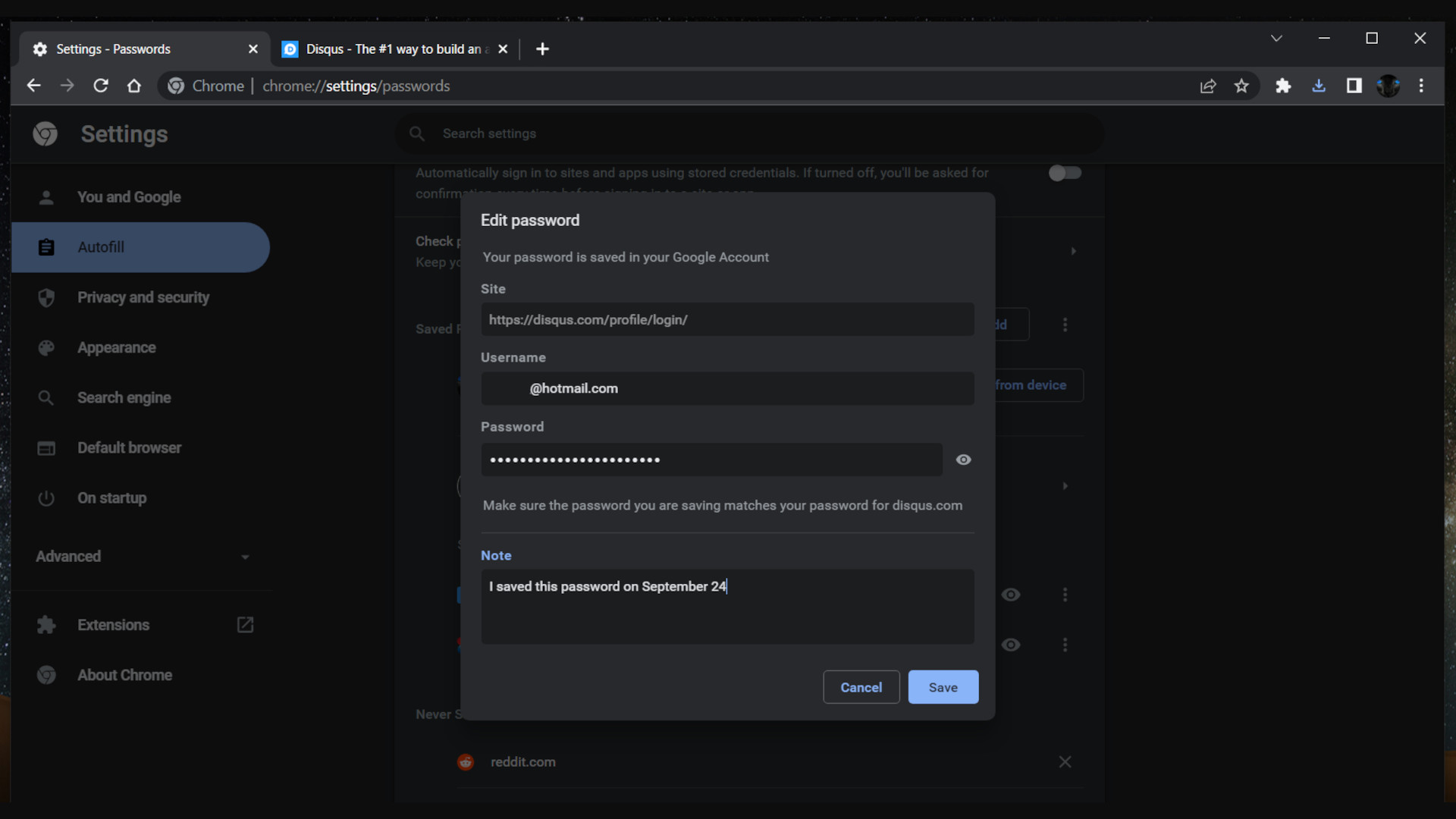 The Google Chrome password manager with a beta 'add notes' feature