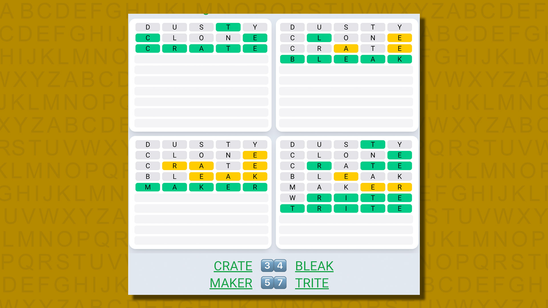 Quordle daily sequence answers for game 558 on a yellow background