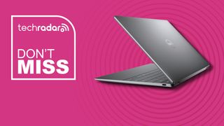 Dell XPS 13 laptop against a magenta TechRadar deals background