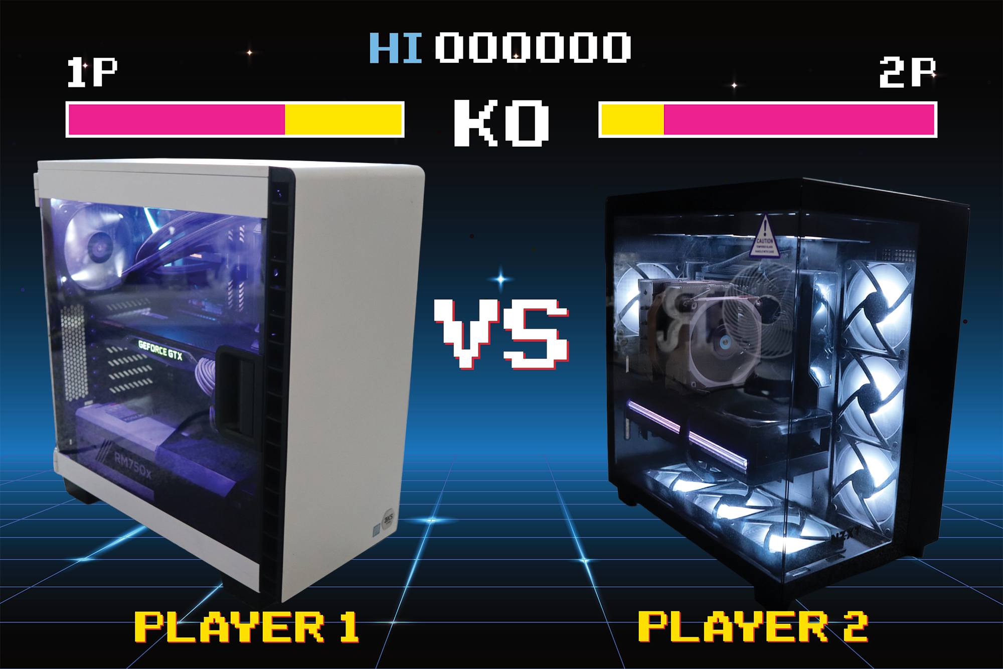 Two desktop PCs in retro fighter game