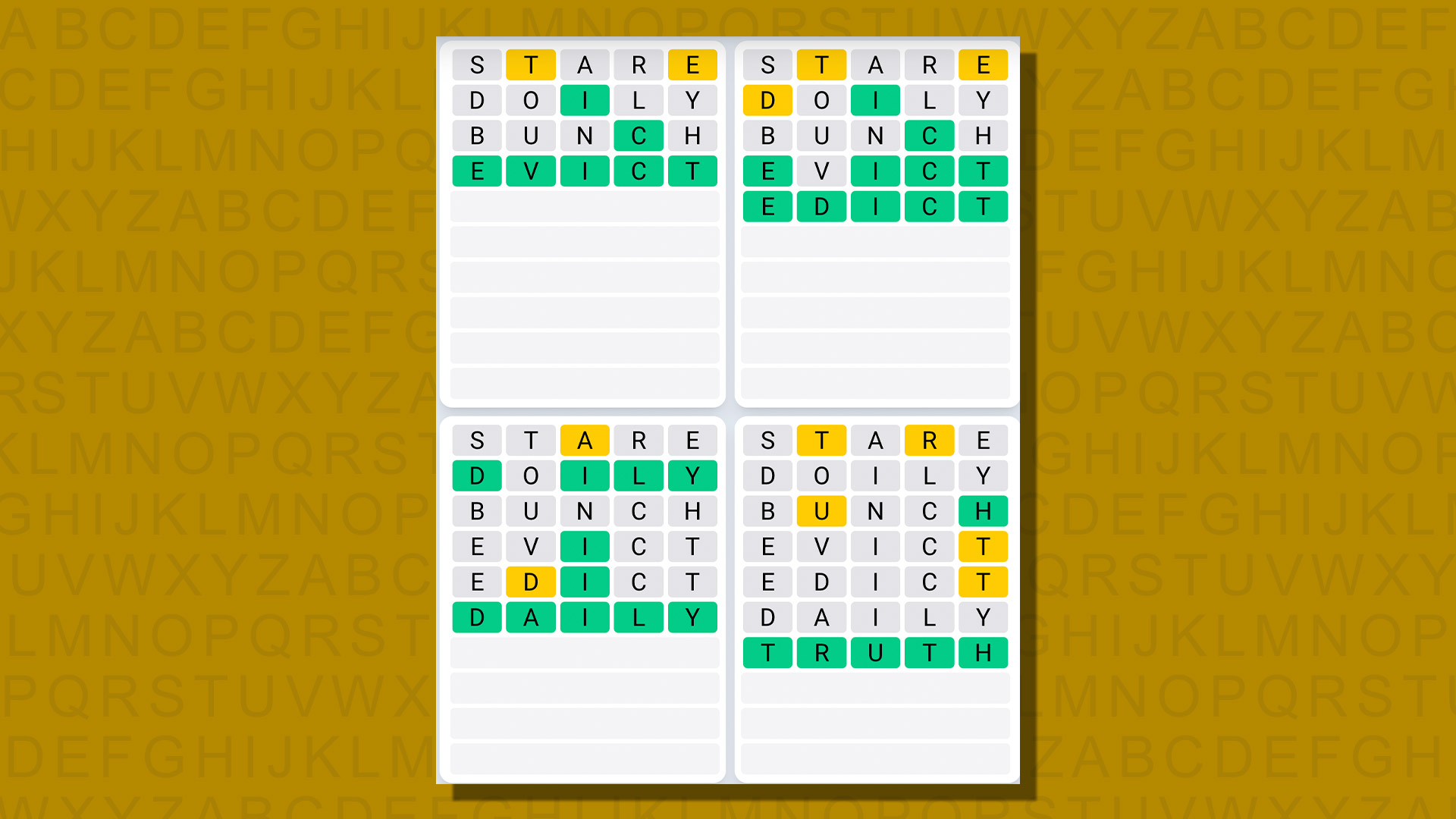 Quordle daily sequence answers for game 770 on a yellow background