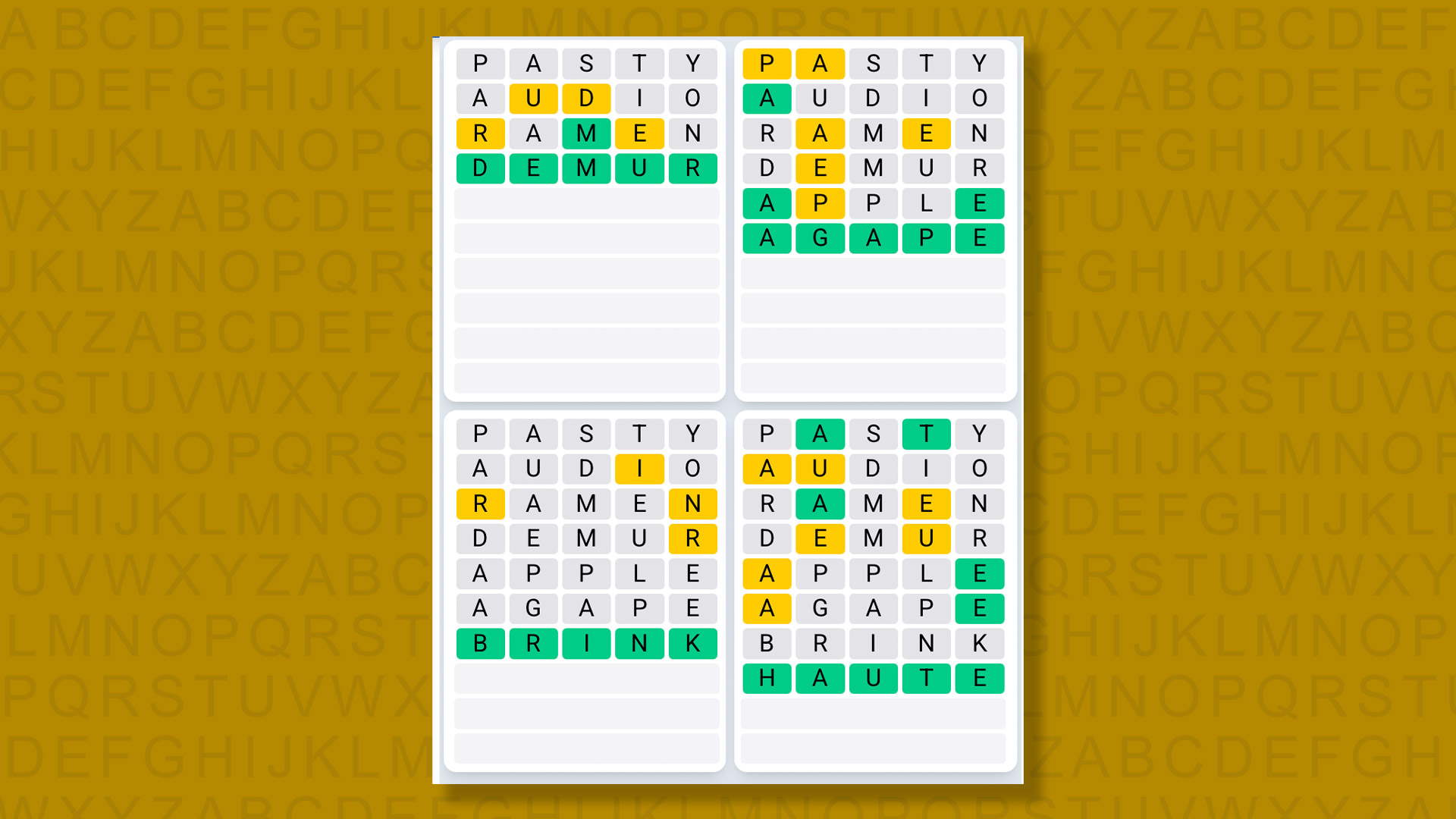 Quordle Daily Sequence answers for game 1600 on a yellow background
