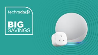 Amazon Echo Dot and Meross smart plug on cyan background with big savings text overlay