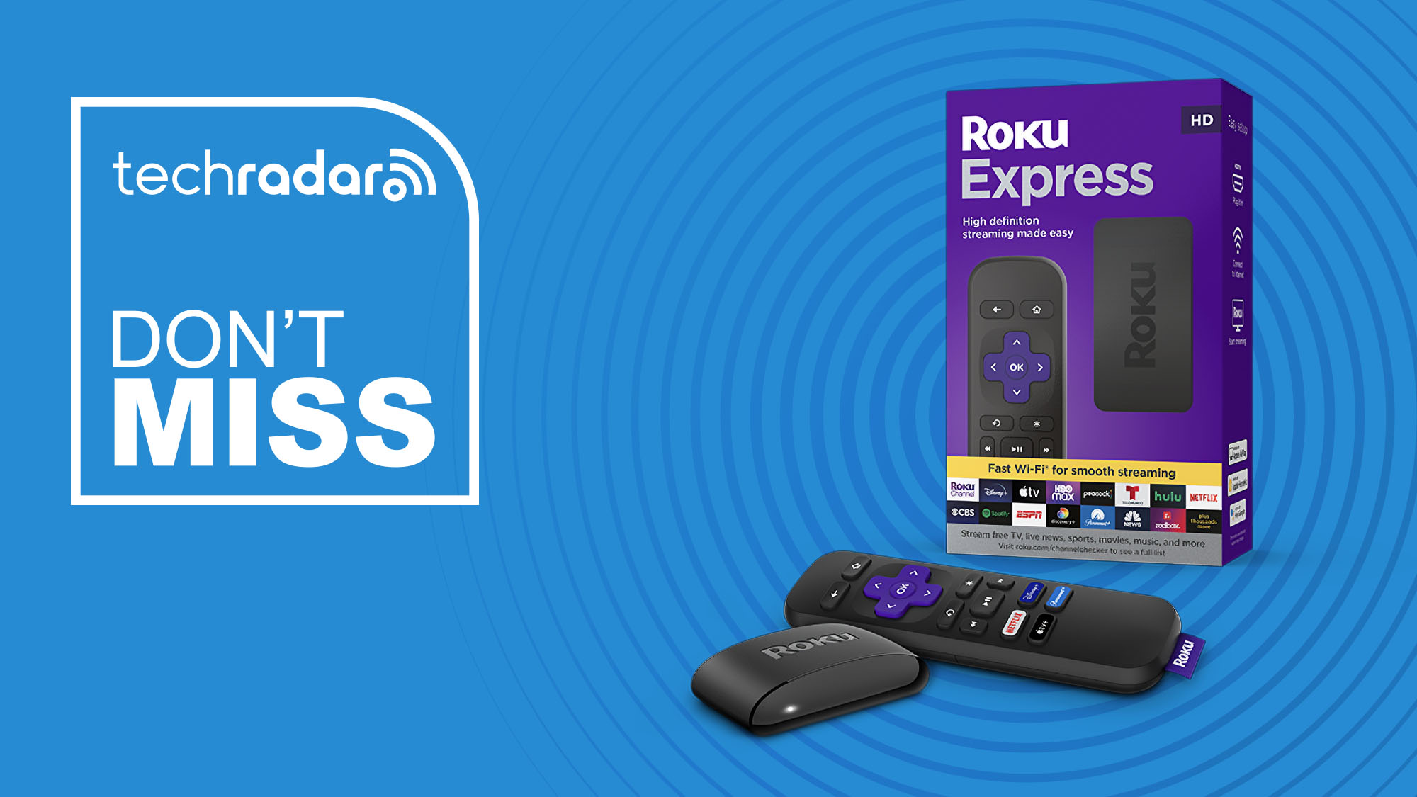 Roku Express HD streaming device on blue background with don't miss TechRadar sign