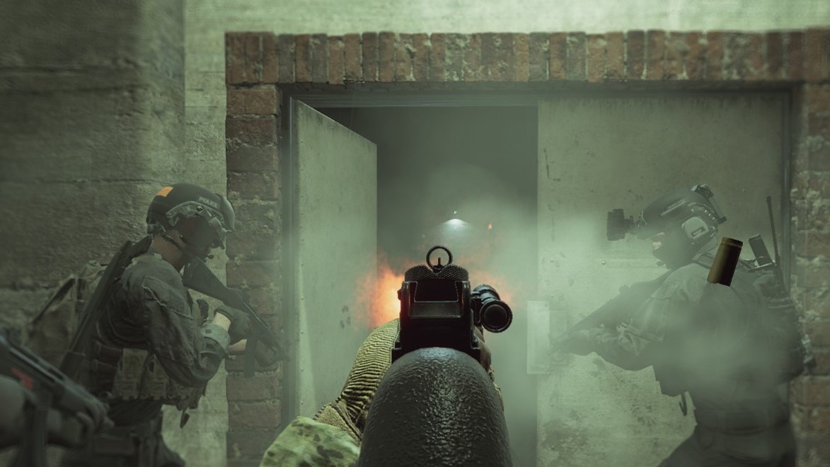 A screenshot from Ready or Not, showing three players storming a building.