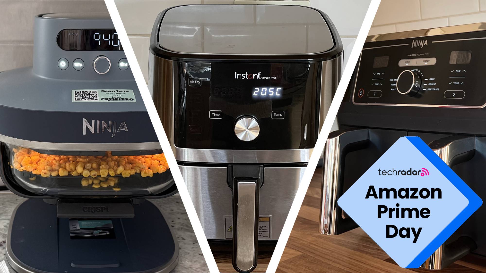 A split image of the Ninja Crispi, Instant Vortex, and Ninja Dual Zone air fryers 