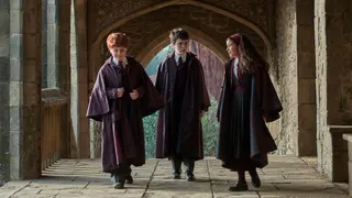 Ron, Harry and Hermoine in Hogwarts robes in a promotional image for HBO's Harry Potter series.