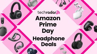 A selection of headphones arranged in a diamond shape, around a central block of text reading "Amazon Prime Day Headphone Deals".