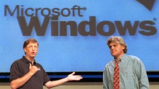 Bill Gates and Jay Leno at the Windows 95 launch in 1995