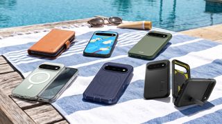 Selection of Google Pixel 11 Pro XL cases on a sun lounger next to a pool