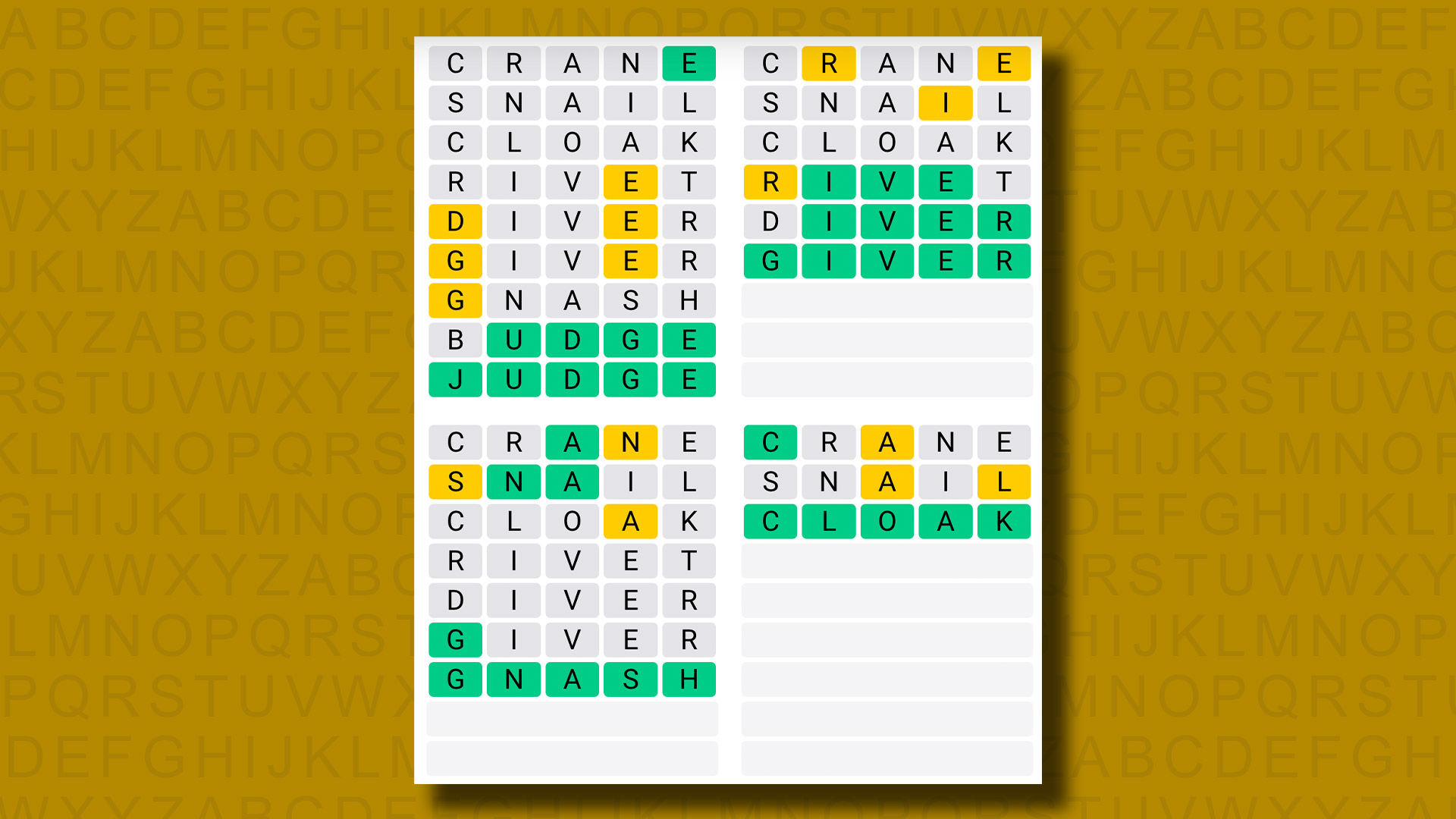 Quordle answers for game 1045 on a yellow background
