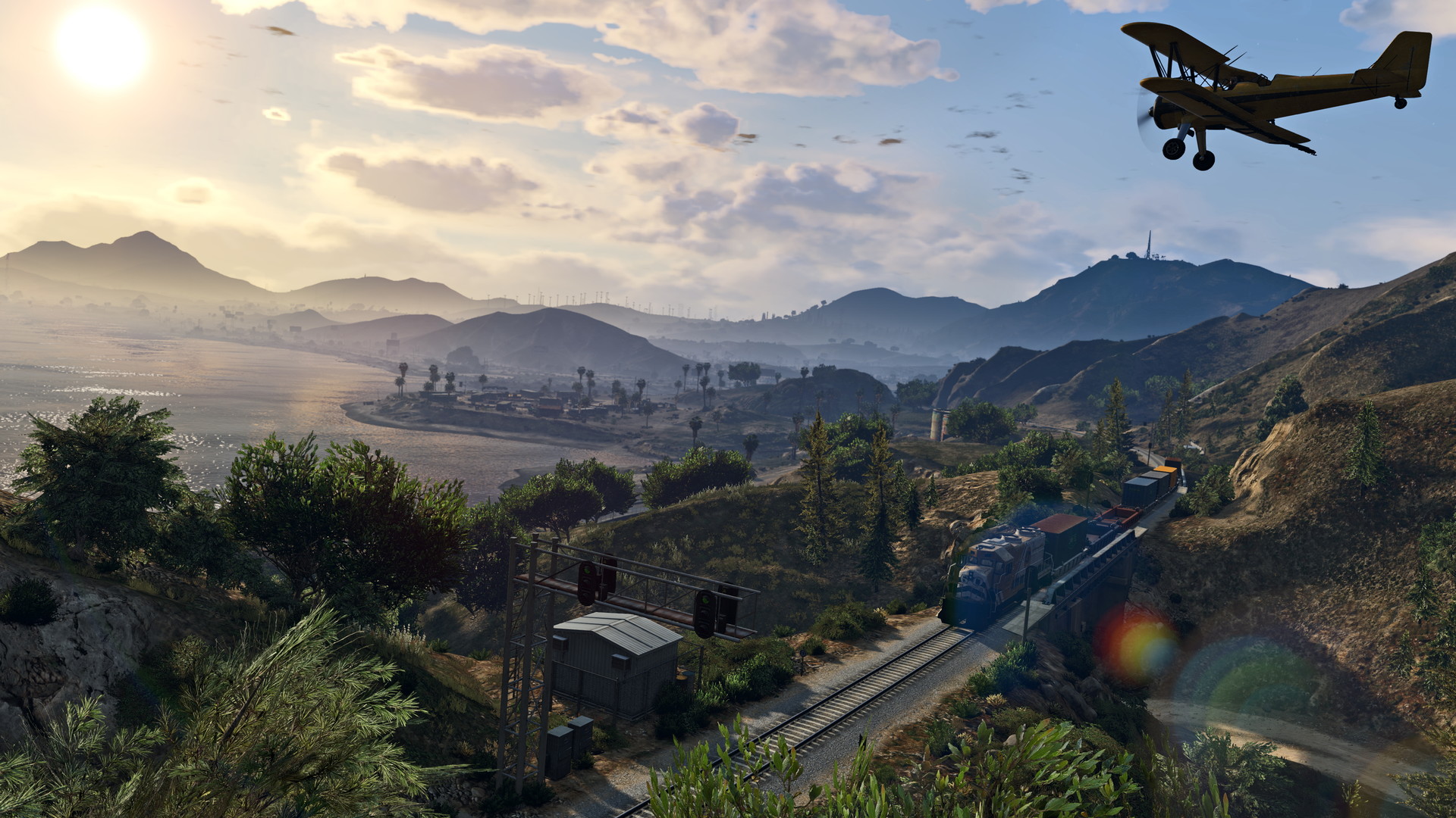 GTA 5 plane flying over sunny landscape