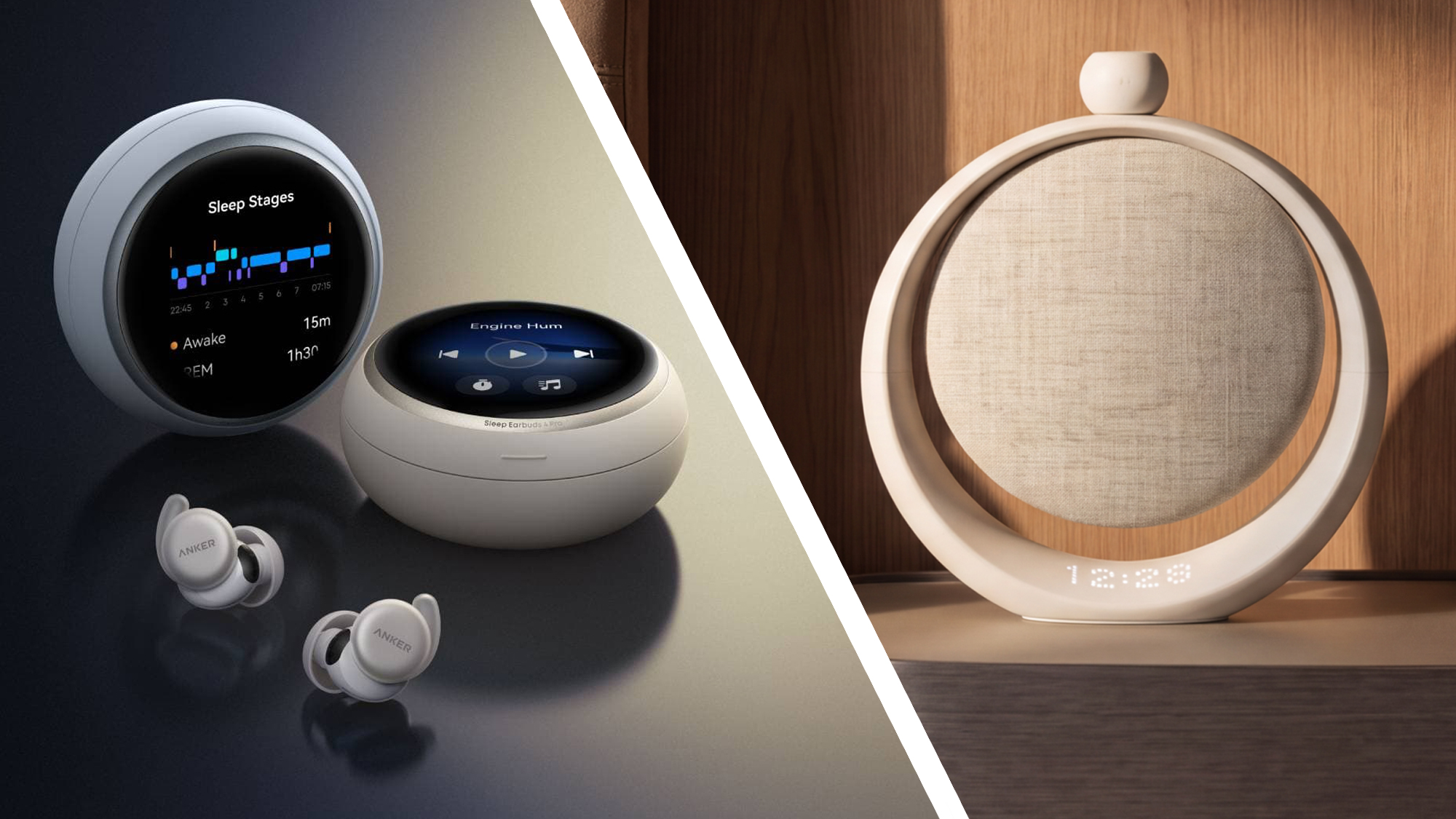 The Anker Sleep 4 earbuds on a table next to the Anker SleepLab speaker on a bedside table
