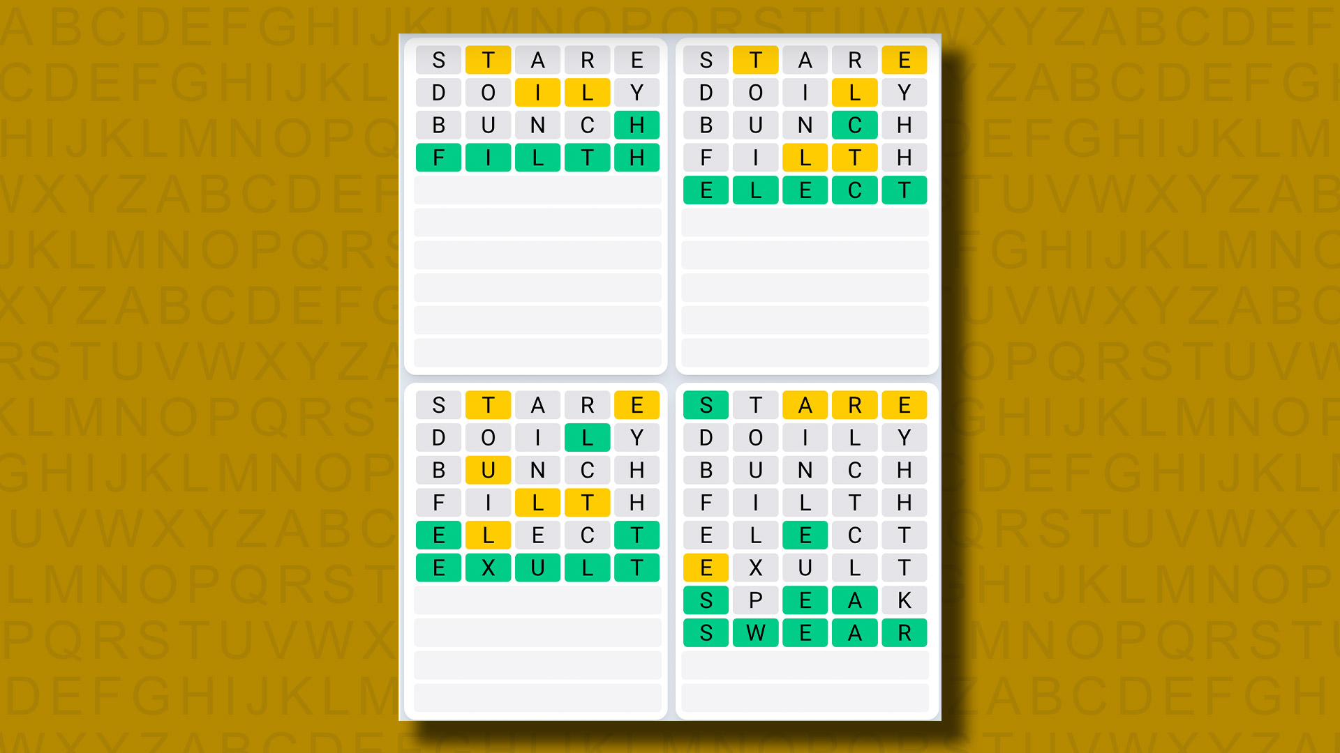 Quordle answers for game 929 on a yellow background