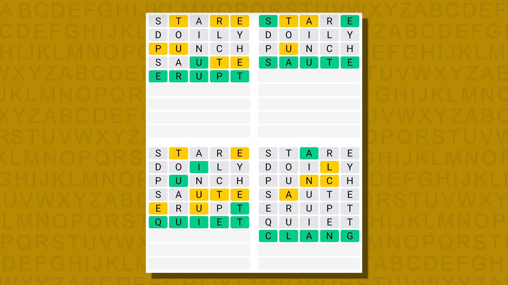 Quordle answers for game 771 on a yellow background