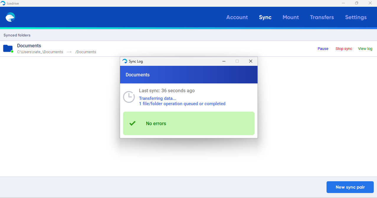 IceDrive cloud storage showing file sync options