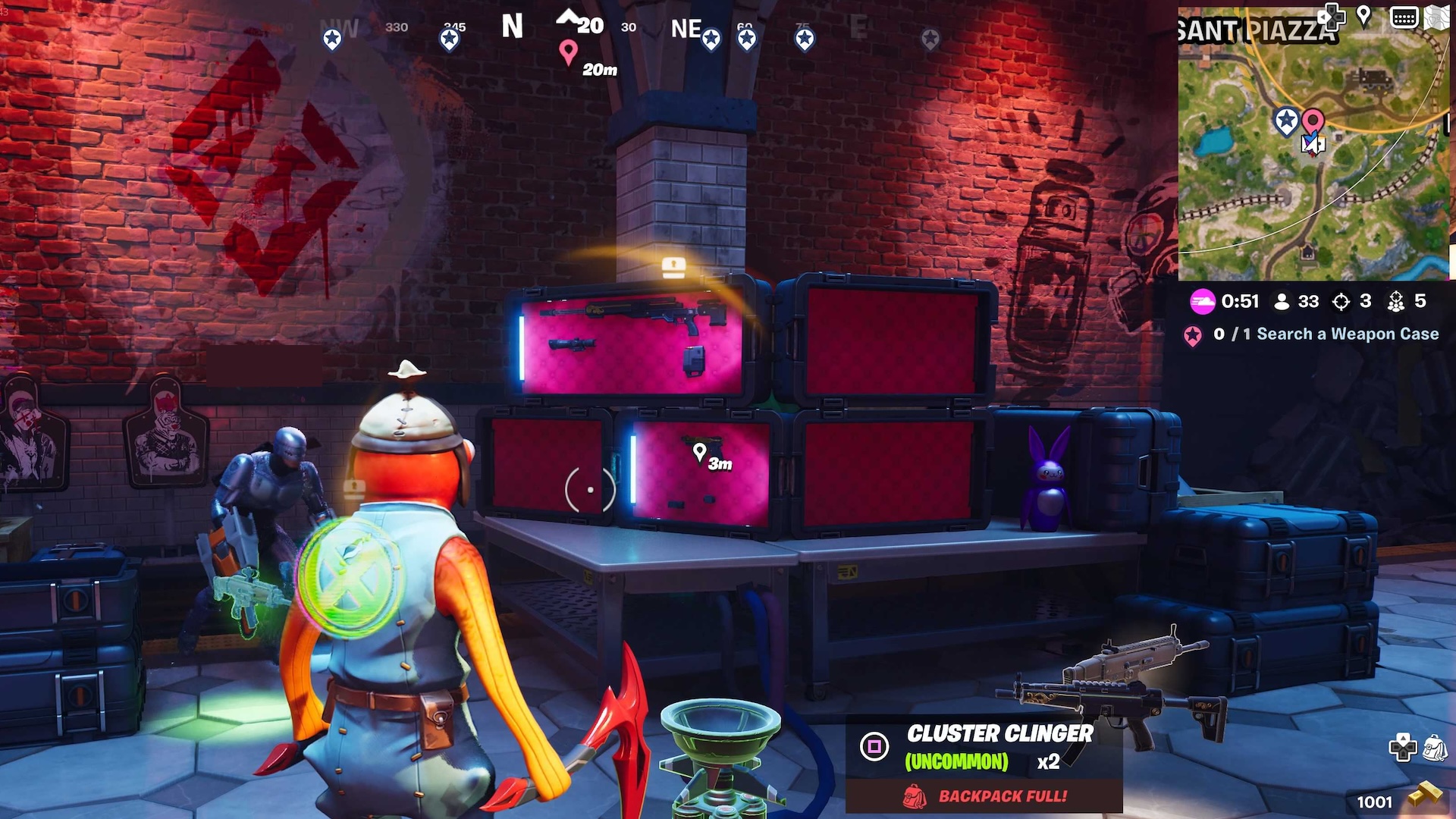 Fishstick stands looking at a weapon case in Fortnite gameplay
