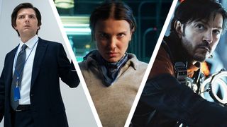 A collage of Mark Scout in Severance season 2, Eleven in Stranger Things season 5, and Cassian Andor in Andor season 2