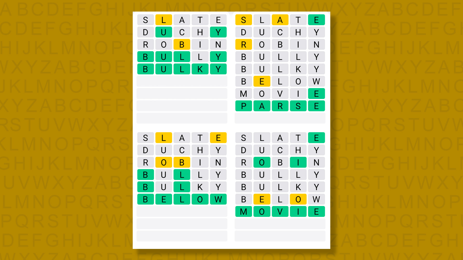 Quordle answers for game #1620 on a yellow background
