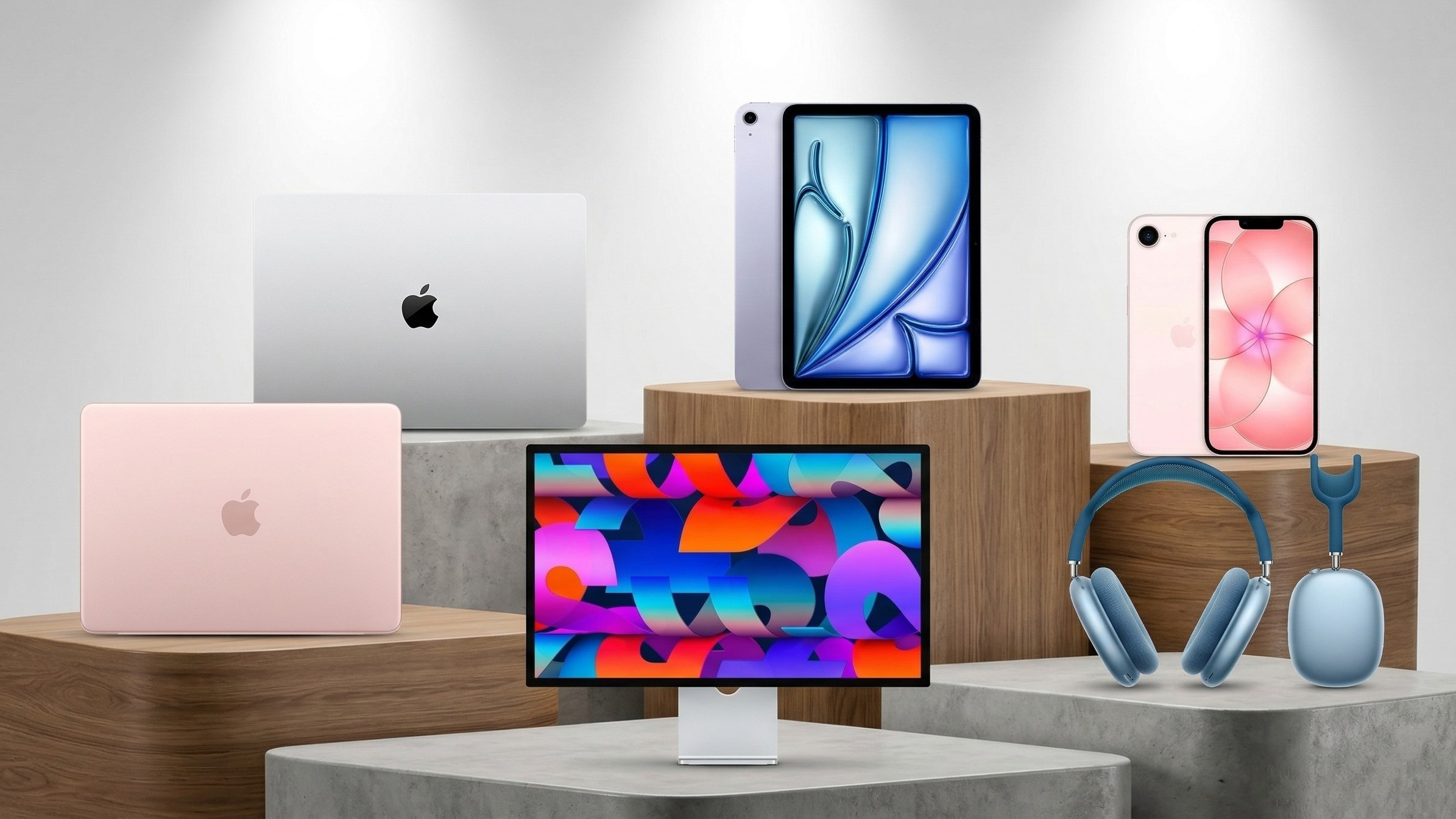 Selection of Apple products, on podiums