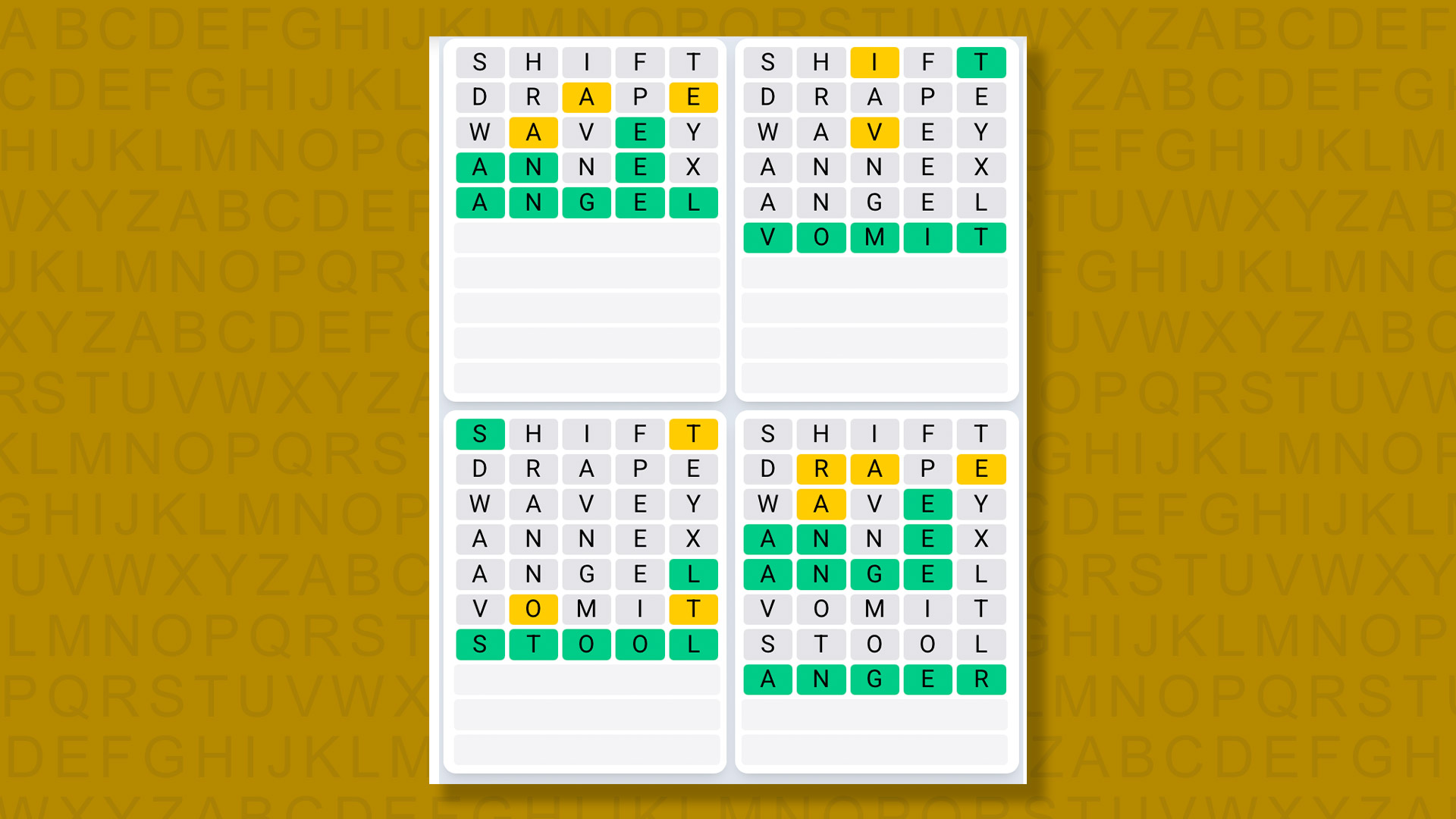 Quordle Daily Sequence answers for game 1610 on a yellow background
