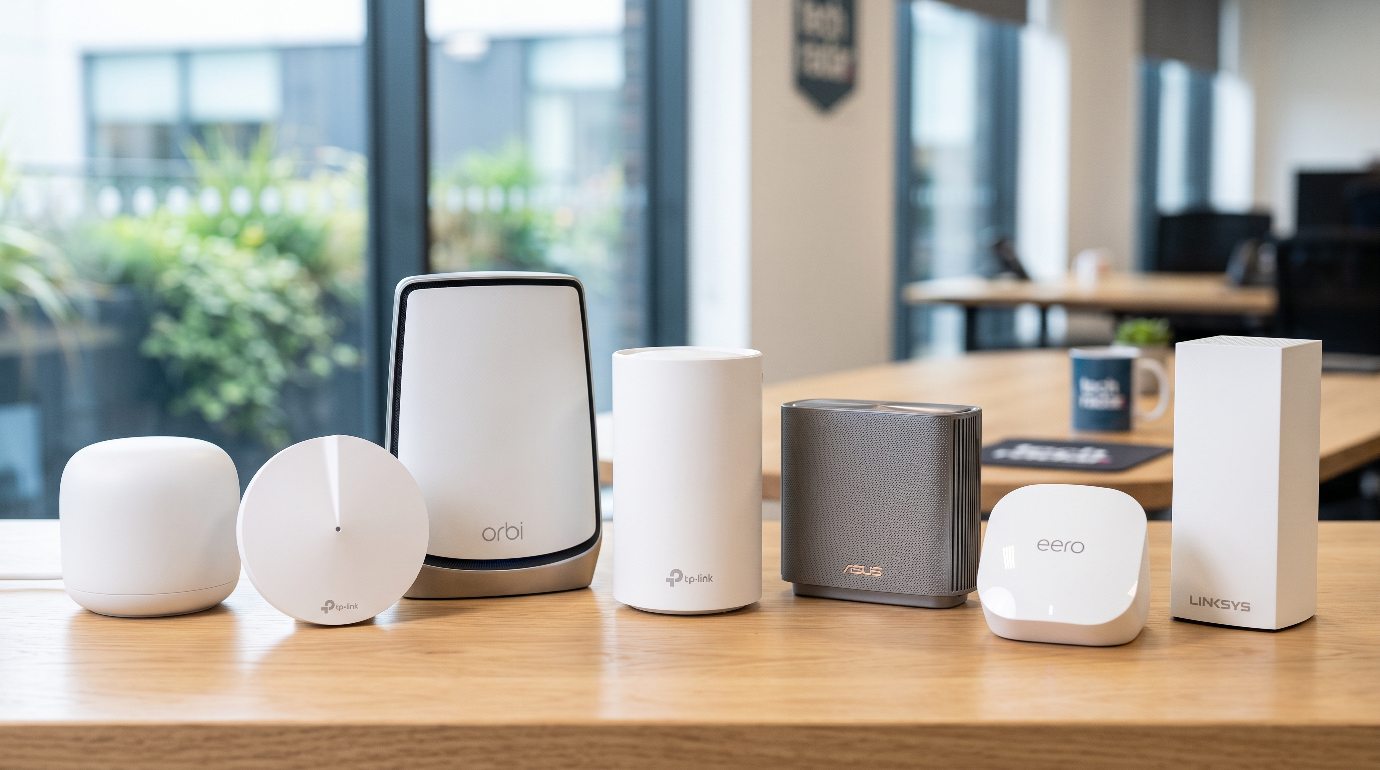 Mesh Wi-Fi routers on a table showing the Google Nest Wifi Pro, TP-Link Deco M5, Netgear Orbi WiFi 770, TP-Link Deco BE65, Asus ZenWiFi AX (XT8), Amazon Eero 6+, Linksys Velop WiFi 6 AX4200