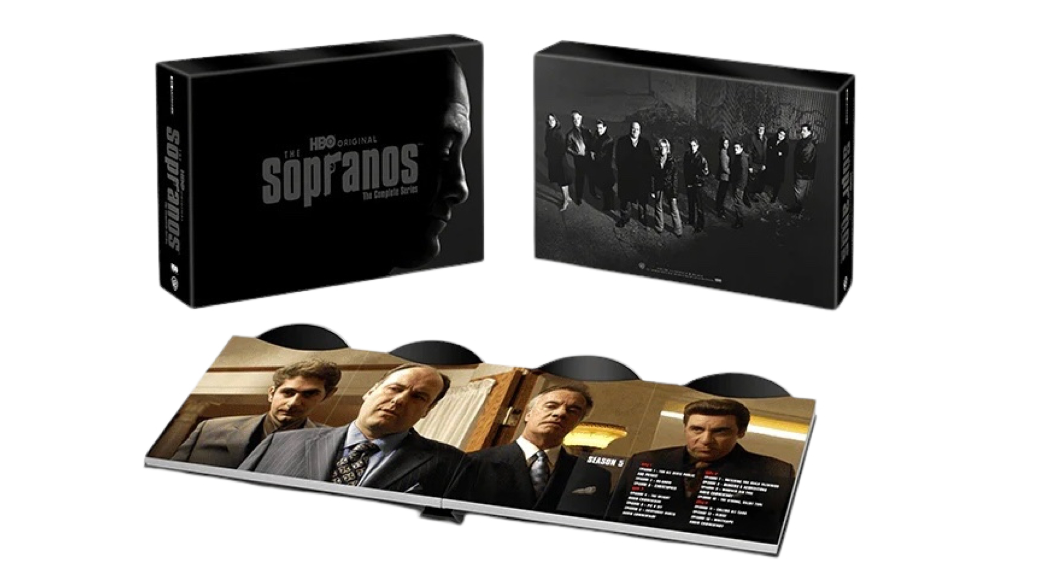 Promotional photo of The Sopranos: The Complete Series 4K Blu-Ray showing the box and the book-style packaging