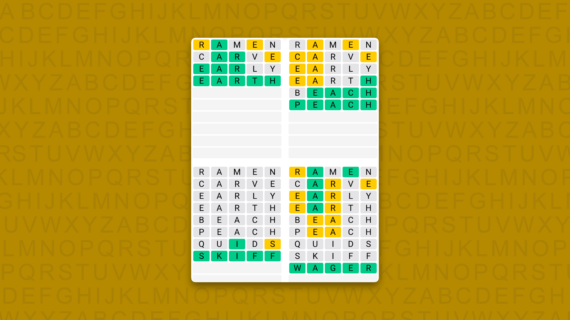 Quordle Daily Sequence answers for game 1692 on a yellow background