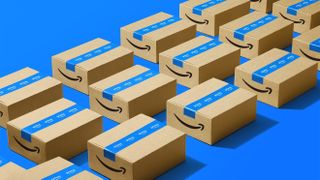 A row of brown Amazon packages with blue tape on them on a blue background