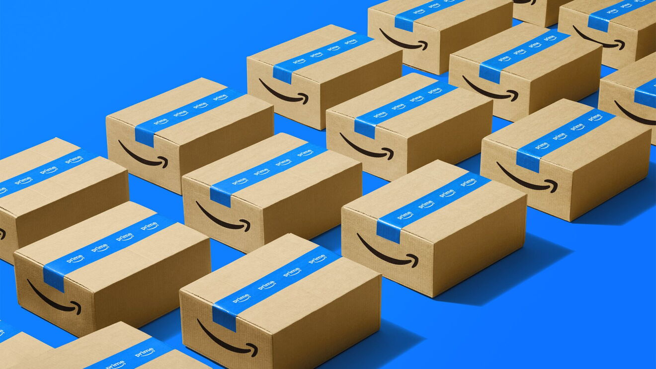 A row of brown Amazon packages with blue tape on them on a blue background
